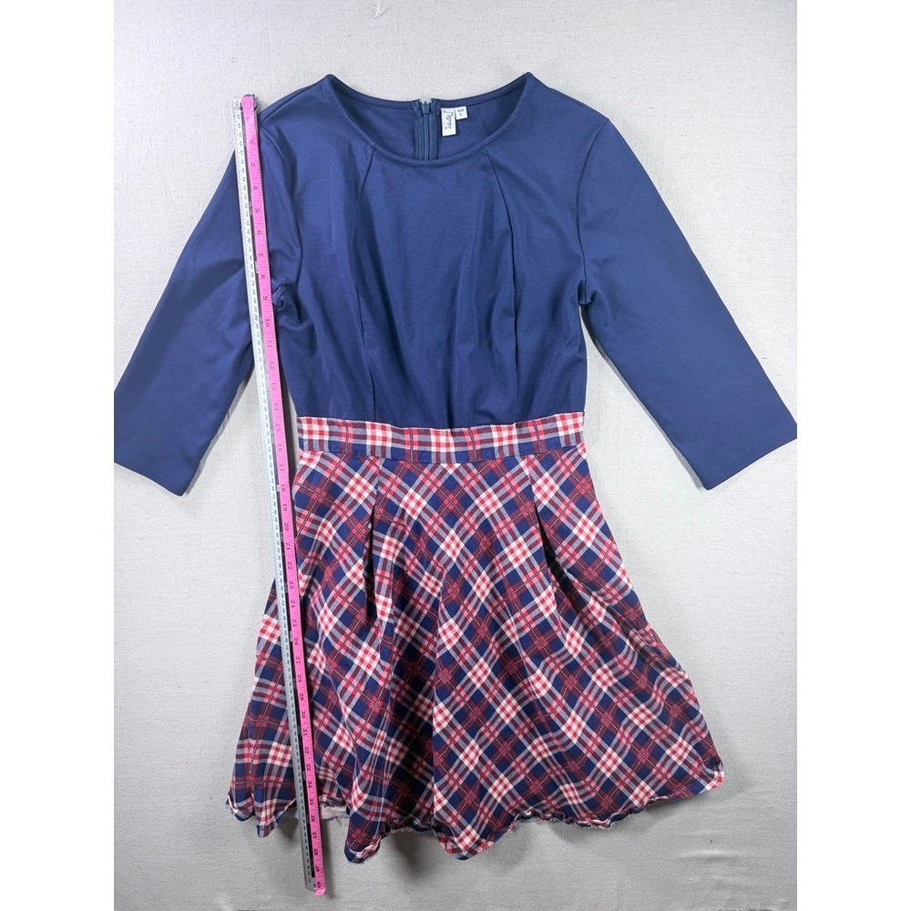 Missmy Navy Blue Plaid Fit and Flare Dress 3/4 Sleeve Pleated Skirt Size Large - Picture 8 of 8